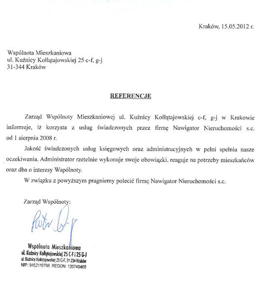 referencje dla Nawigatora Nieruchomości od zarządu wspólnoty mieszkaniowej na ul. kuźnicy kołłątajowskiej