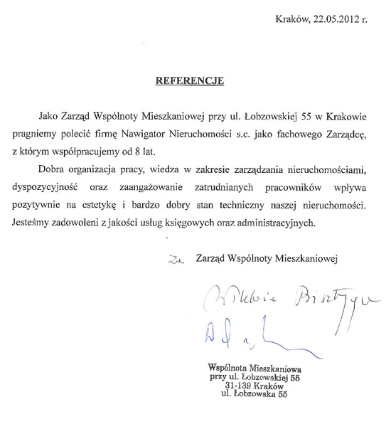 referencje dla Nawigatora Nieruchomości od zarządu wspólnoty mieszkaniowej na ul. łobzowskiej