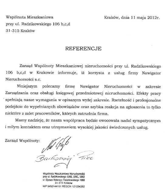 referencje dla Nawigatora Nieruchomości od zarządu wspólnoty mieszkaniowej na ul. radzikowskiego