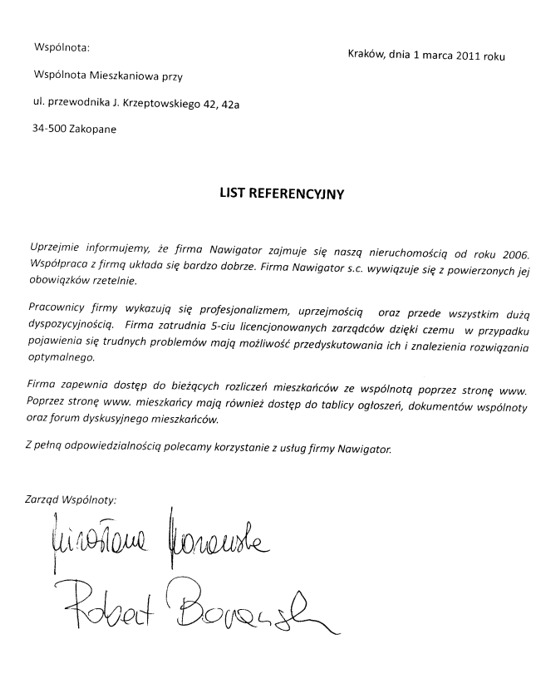referencje dla Nawigatora Nieruchomości od zarządu wspólnoty mieszkaniowej na ul. krzeptowskiego